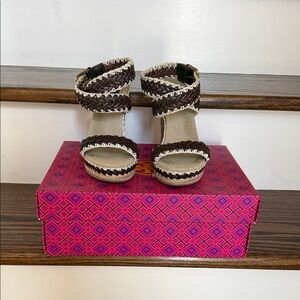 Tory Burch Brown and Cream Braided Wedge Sandals